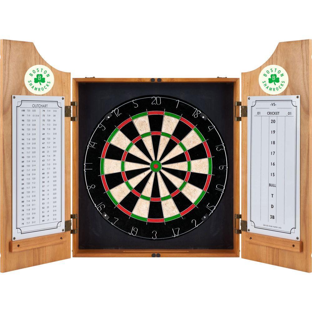 VAF 21 in. Boston Shamrocks Wood Dart Board Cabinet Set