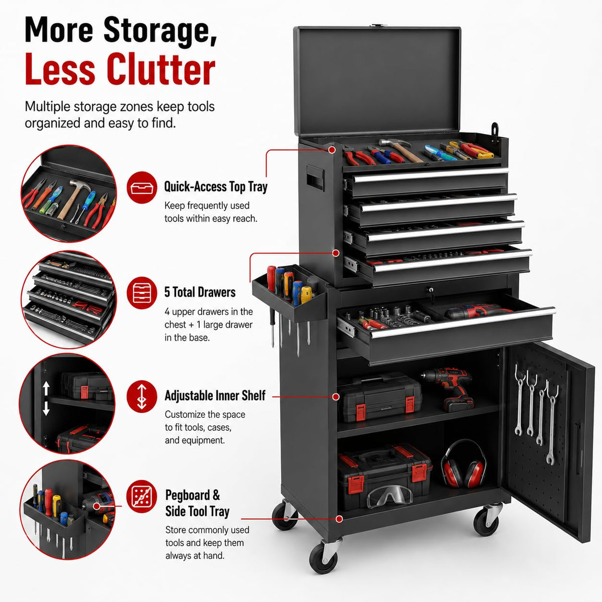 2-in-1 Rolling Tool Chest with 5 Drawers, Heavy-Duty Metal Tool Box with Wheels, Detachable Top Tool Box & Rolling Tool Cabinet for Garage, DIY (5-Drawers, Black)