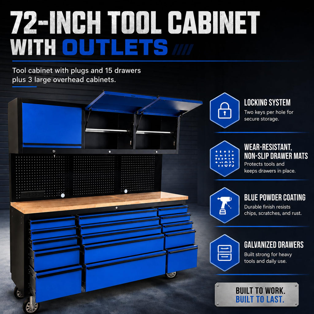 72 inch Tool Chest Tool Box Mobile 15 Drawer Stora3 Upper Cabinet Power Outlet SS-Pegboard with Wheels Lock Key LocSystem Drawer Liners for GaraWarehouse Repair Shop