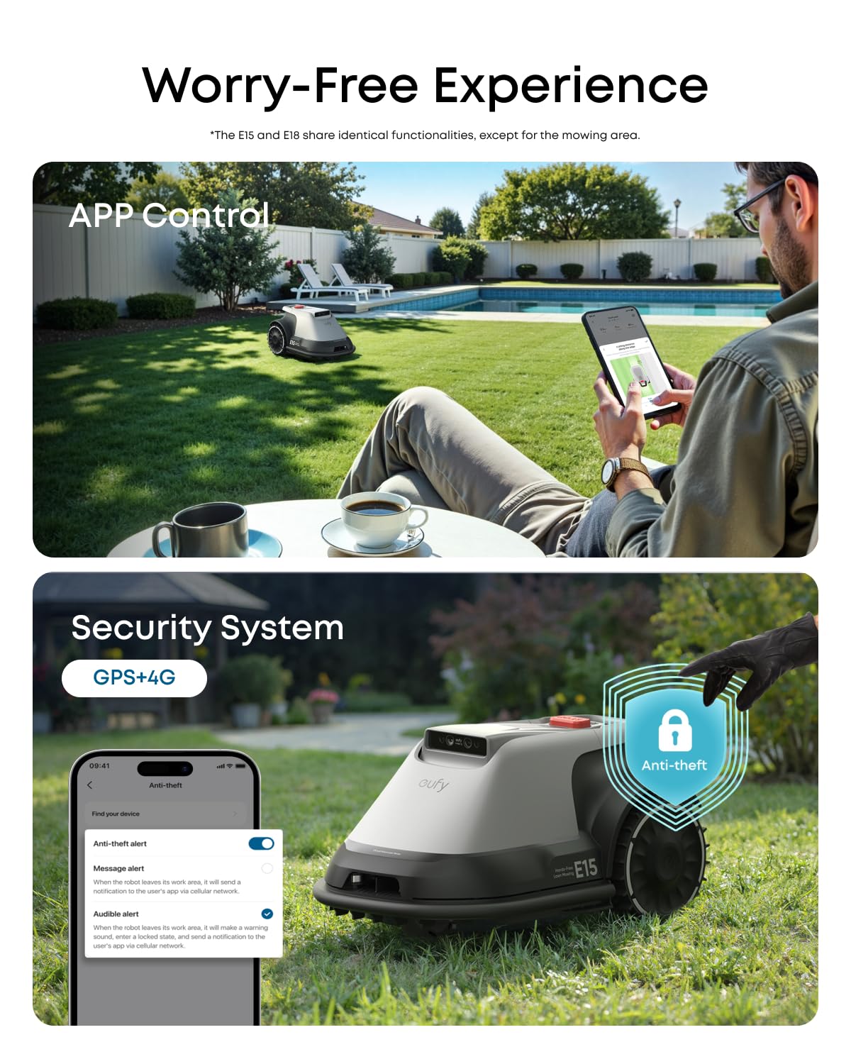 Robot Lawn Mower E15, Auto Mapping,Pure Vision Navigation, Wire RTK Free, Multi-Zone Management, AI 3D Obstacle Avoidance, GPS Anti-Theft, 0.2 Acres, 18° Slope, App Control
