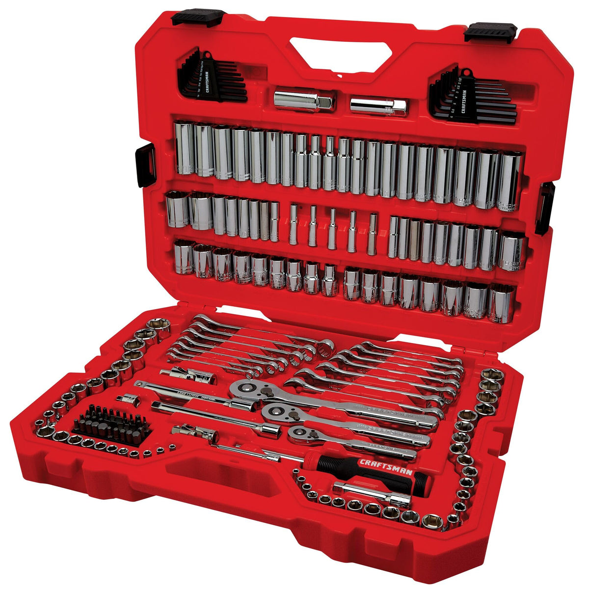 189 Piece Mechanics Tool Set, 1/4, 3/8 and 1/2 Inch Drive Socket Wrench Set with Thinner Ratchet, Steel 6 and 12-Point Sockets, Wrenches, Hex Keys and Specialty Bits, 90-Tooth (CMMT12134)