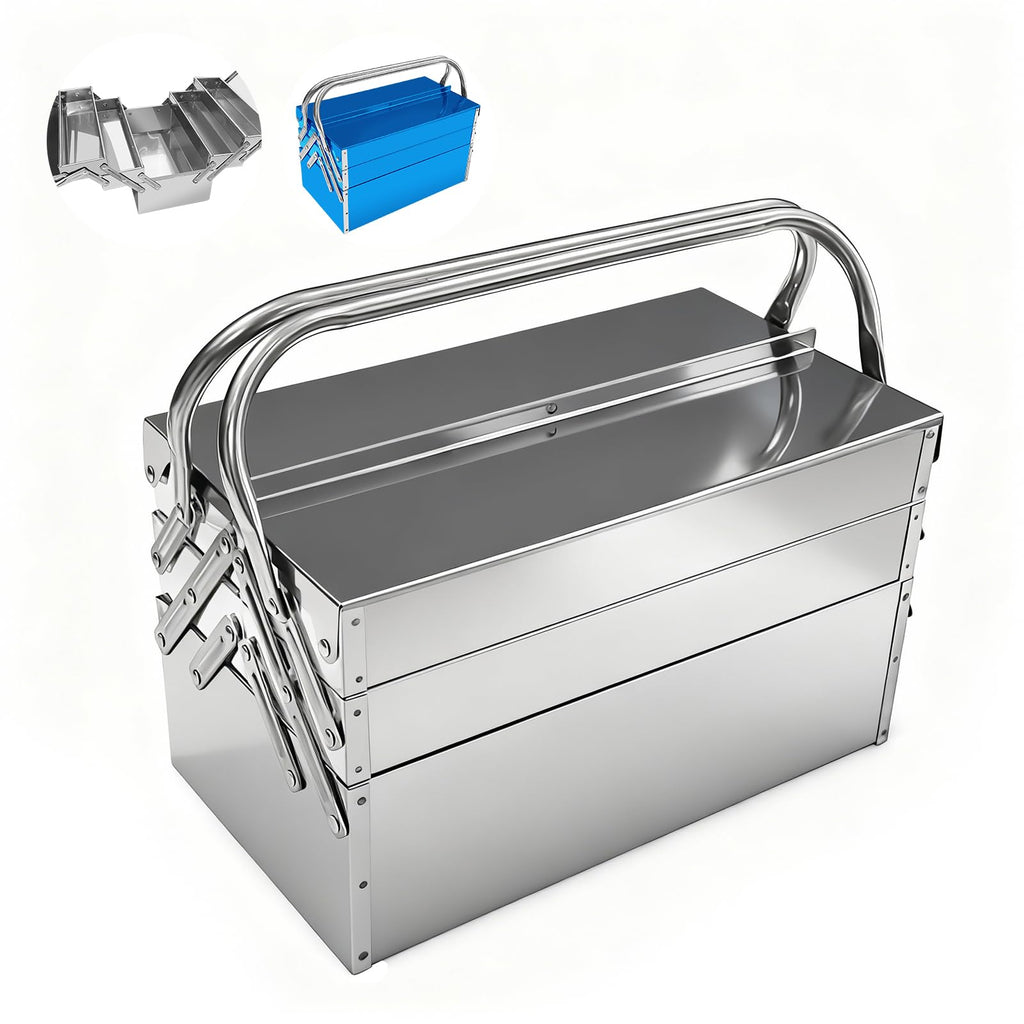 Metal Cantilever Tool Box, 3-Tier 5 Tray Fold Out  Steel Tool Box with Handle, 14" Stack-able Portable Tool StoraBox Organizers Chest for Household Factory Warehouse Repair Shop