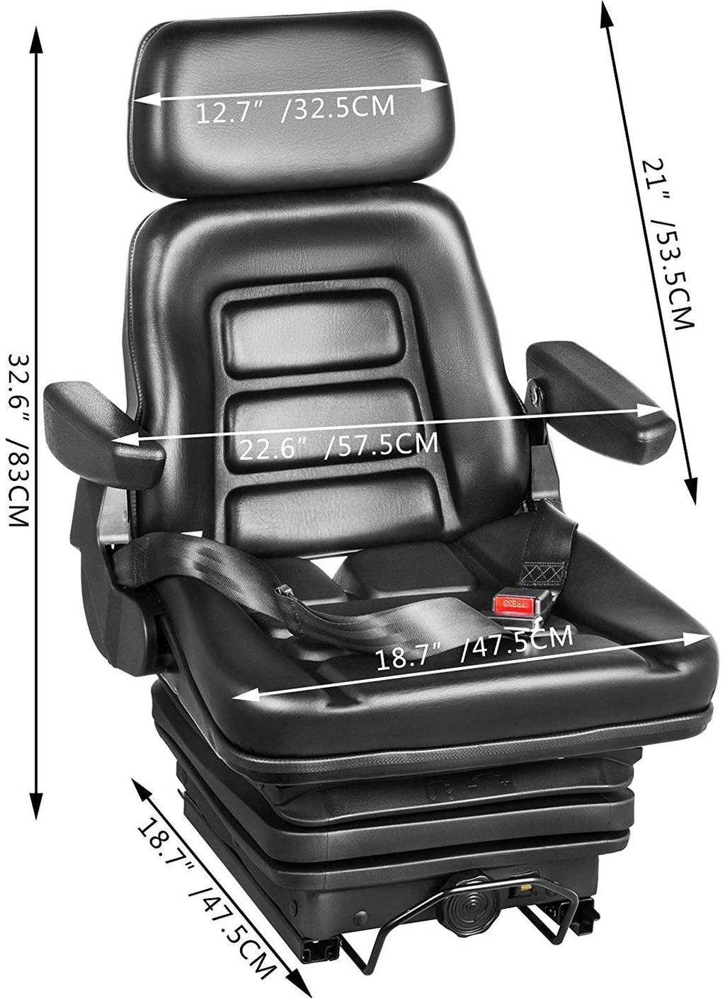 vevor universal tractor suspension seat, 35-170° backrest angle adjustable air ride seat replacement w/ seat belt &amp; safety switch, compatible with forklift/van/mower, black vinyl