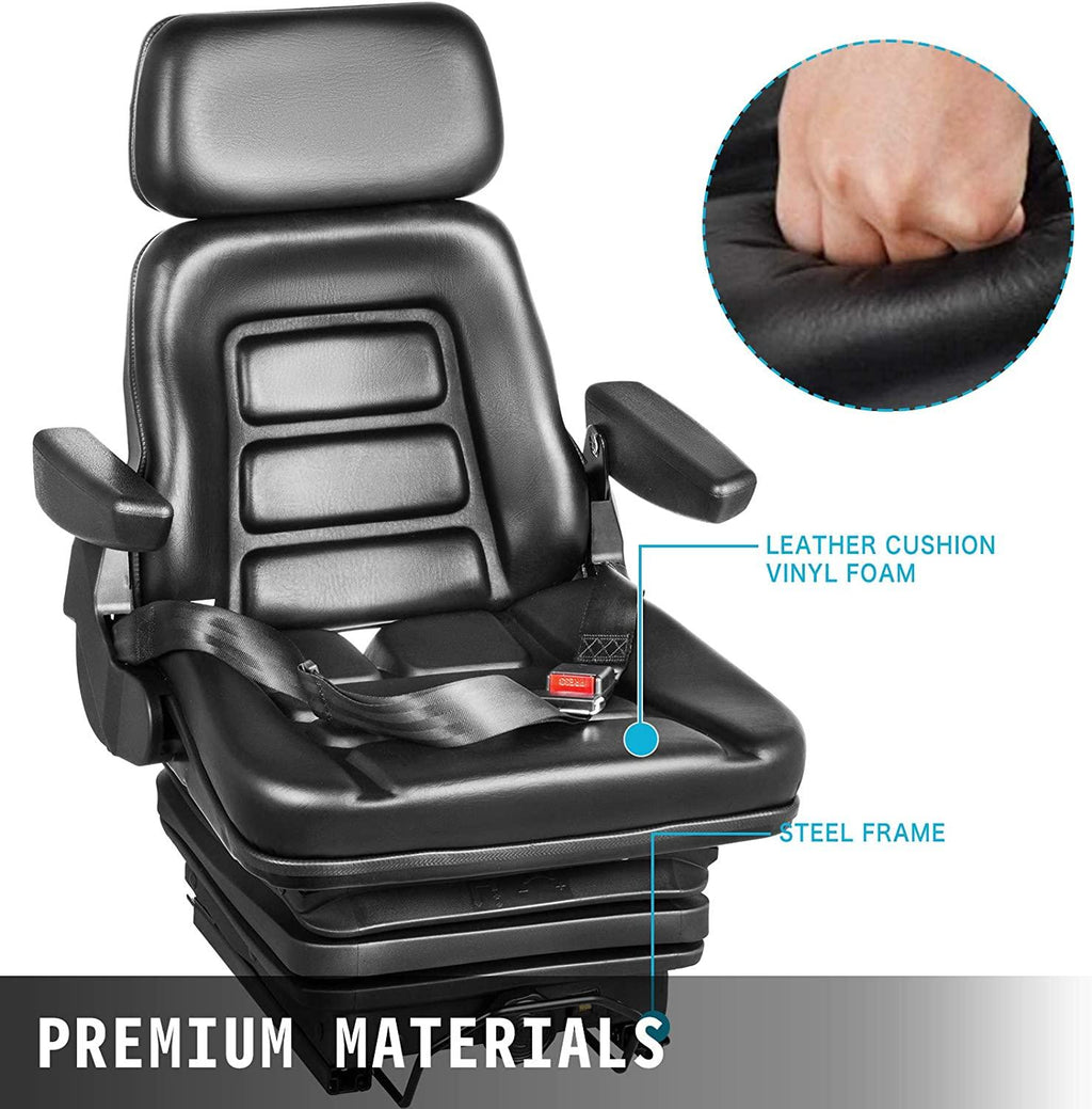 vevor universal tractor suspension seat, 35-170° backrest angle adjustable air ride seat replacement w/ seat belt &amp; safety switch, compatible with forklift/van/mower, black vinyl