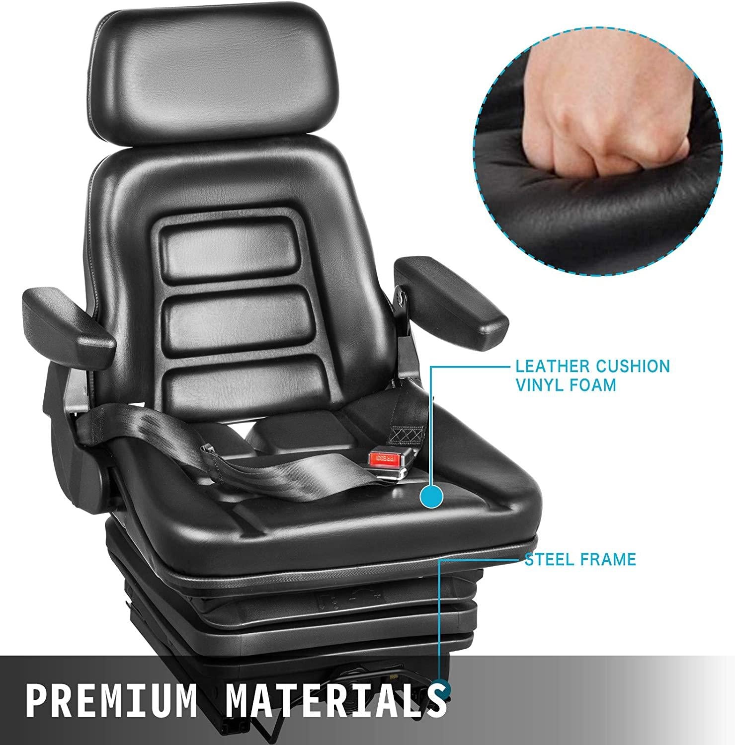 vevor universal tractor suspension seat, 35-170° backrest angle adjustable air ride seat replacement w/ seat belt &amp; safety switch, compatible with forklift/van/mower, black vinyl