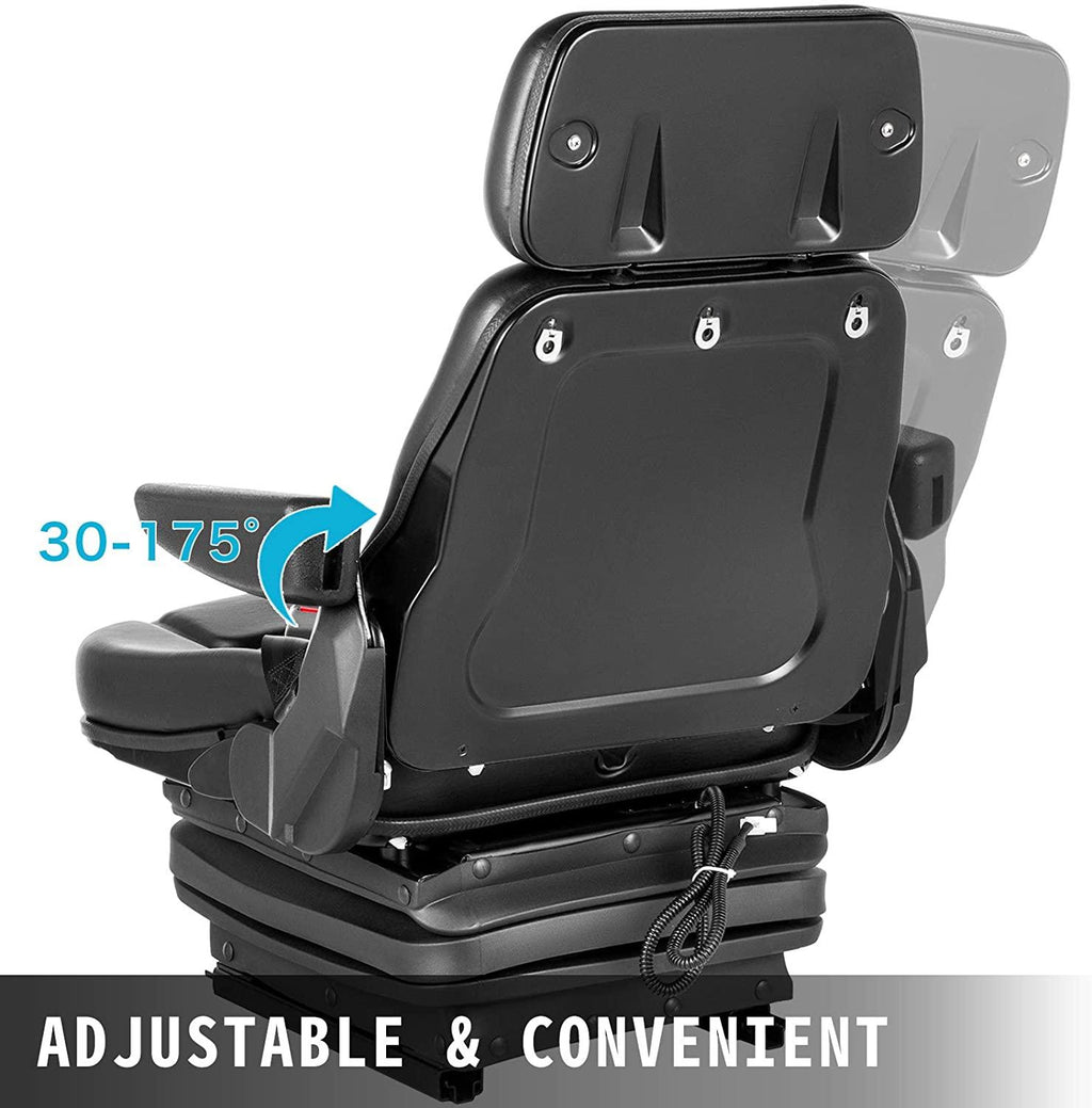 vevor universal tractor suspension seat, 35-170° backrest angle adjustable air ride seat replacement w/ seat belt &amp; safety switch, compatible with forklift/van/mower, black vinyl