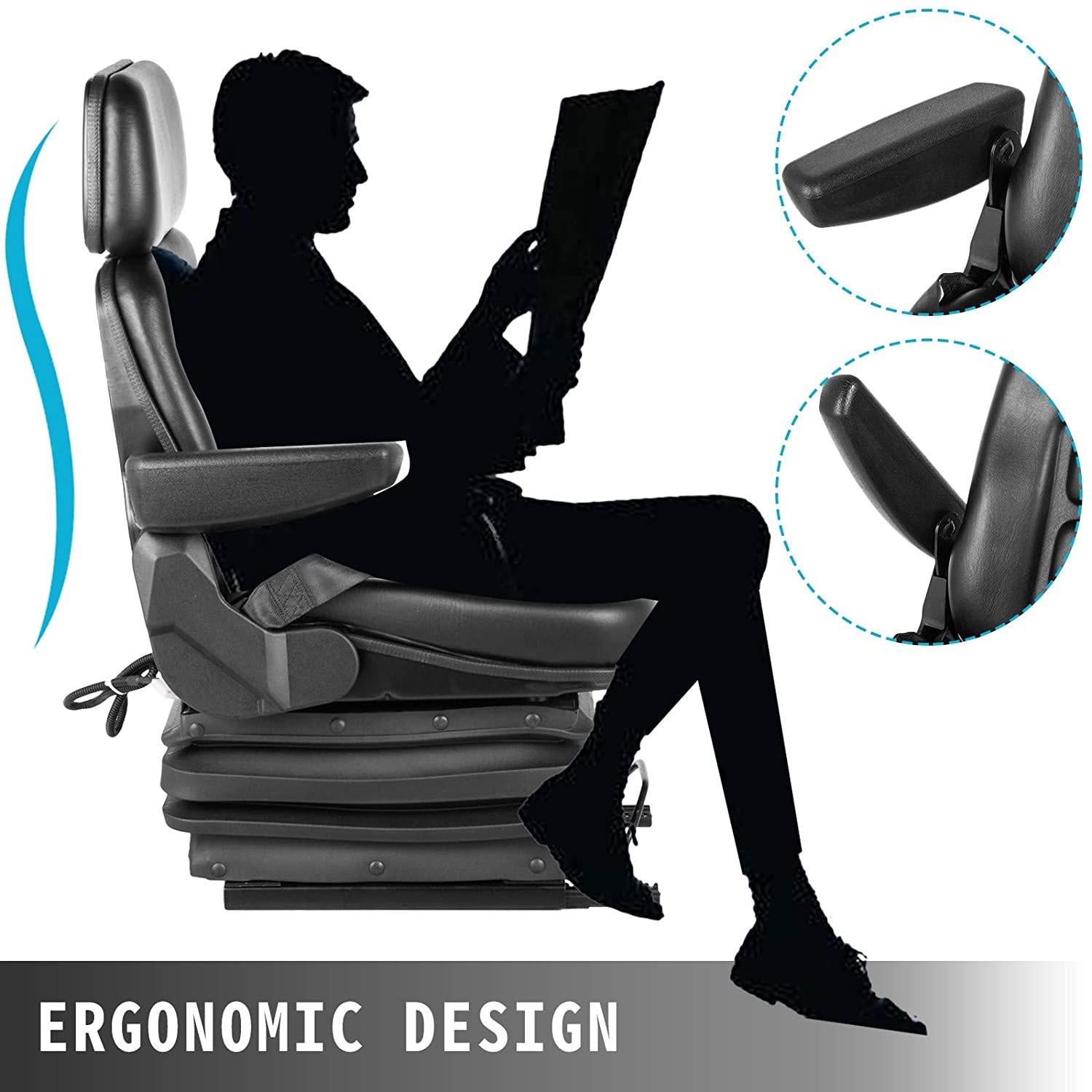 vevor universal tractor suspension seat, 35-170° backrest angle adjustable air ride seat replacement w/ seat belt &amp; safety switch, compatible with forklift/van/mower, black vinyl