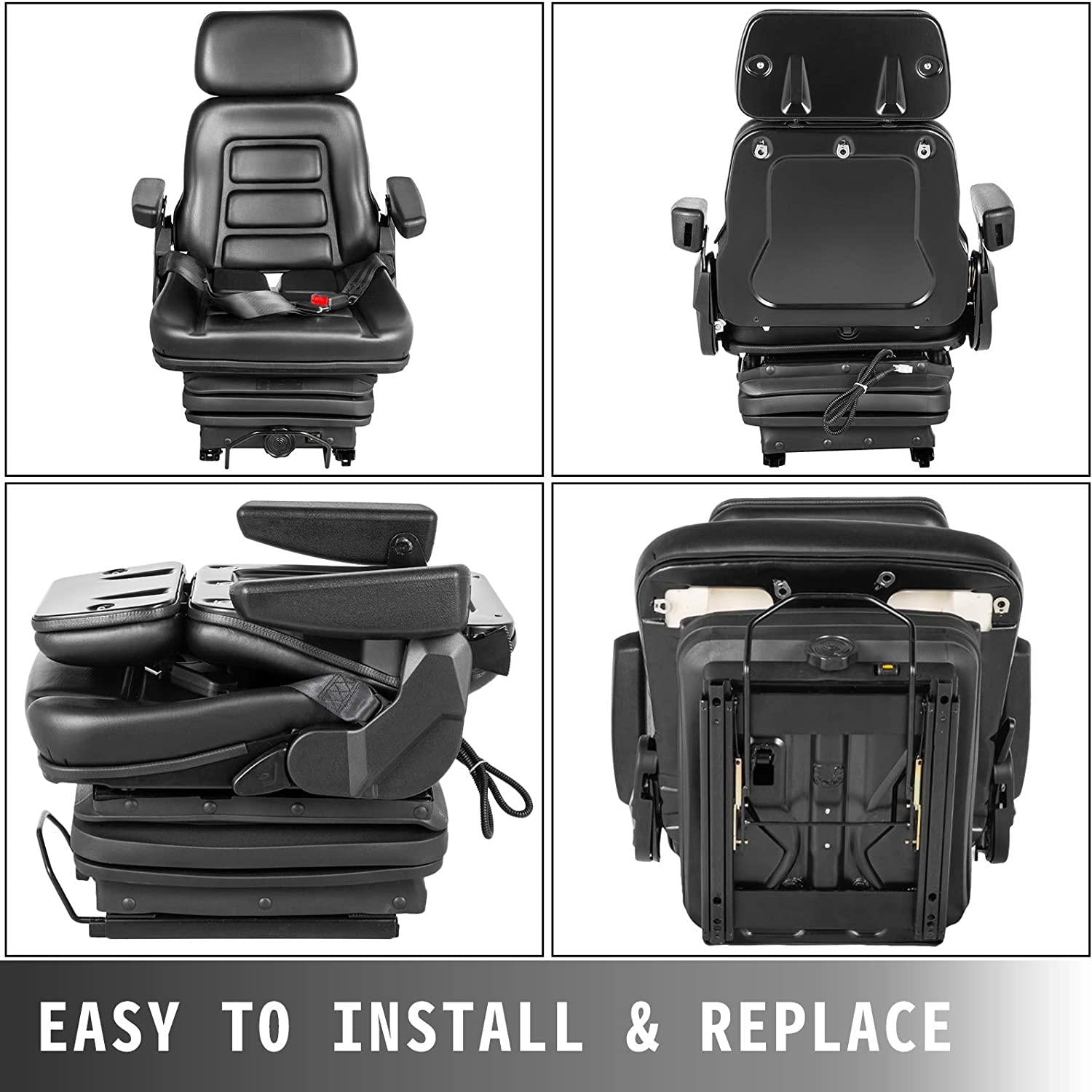 vevor universal tractor suspension seat, 35-170° backrest angle adjustable air ride seat replacement w/ seat belt &amp; safety switch, compatible with forklift/van/mower, black vinyl