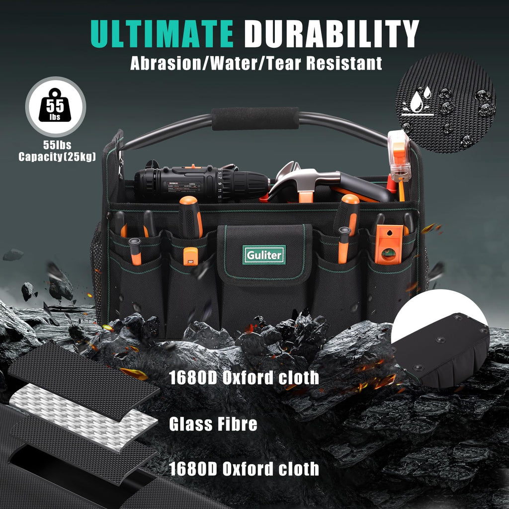 17 Inch Tool Bag,Electrician Tool Bags,Heavy Duty Open Top Tool Tote,31 Pocket Tool Box Organizer with  Steel Handle & Adjustable Shoulder Strap, Black/Green