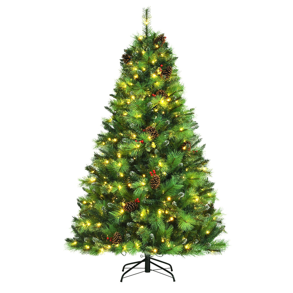 Costway 6ft Pre-lit Hinged Artificial Christmas Tree w/Pine Cones &amp; Red Berries
