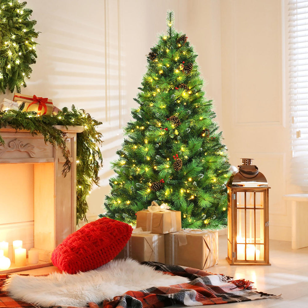 Costway 6ft Pre-lit Hinged Artificial Christmas Tree w/Pine Cones &amp; Red Berries