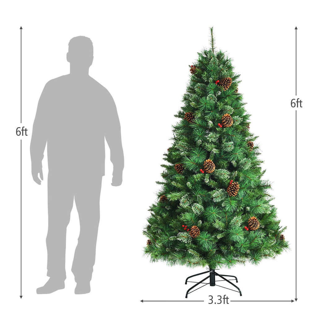 Costway 6ft Pre-lit Hinged Artificial Christmas Tree w/Pine Cones &amp; Red Berries