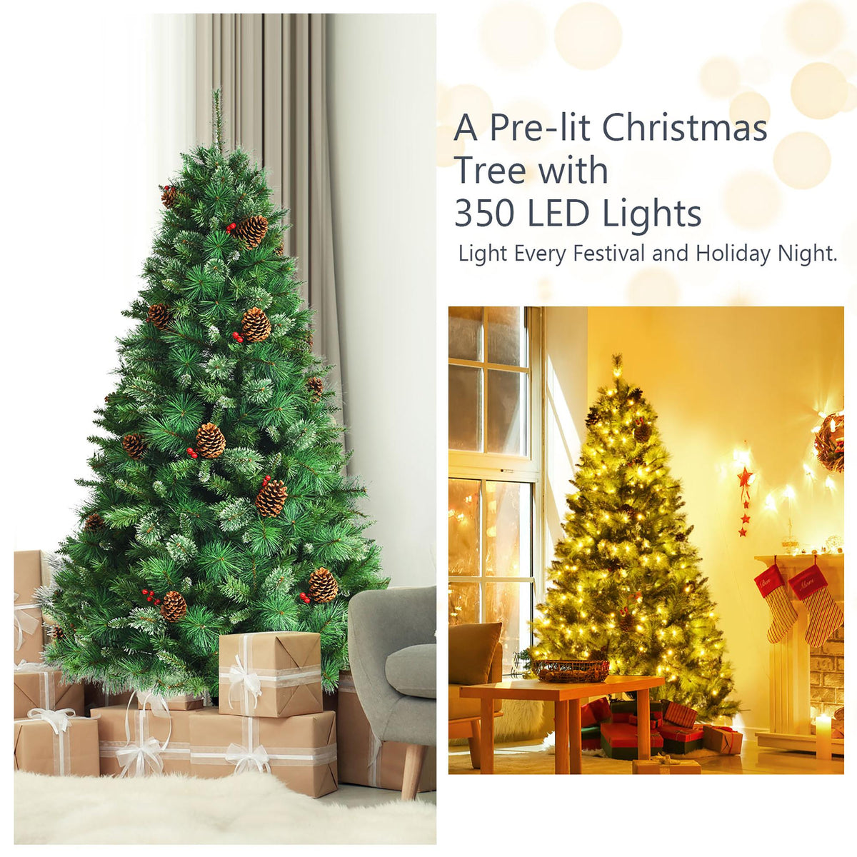 Costway 6ft Pre-lit Hinged Artificial Christmas Tree w/Pine Cones &amp; Red Berries