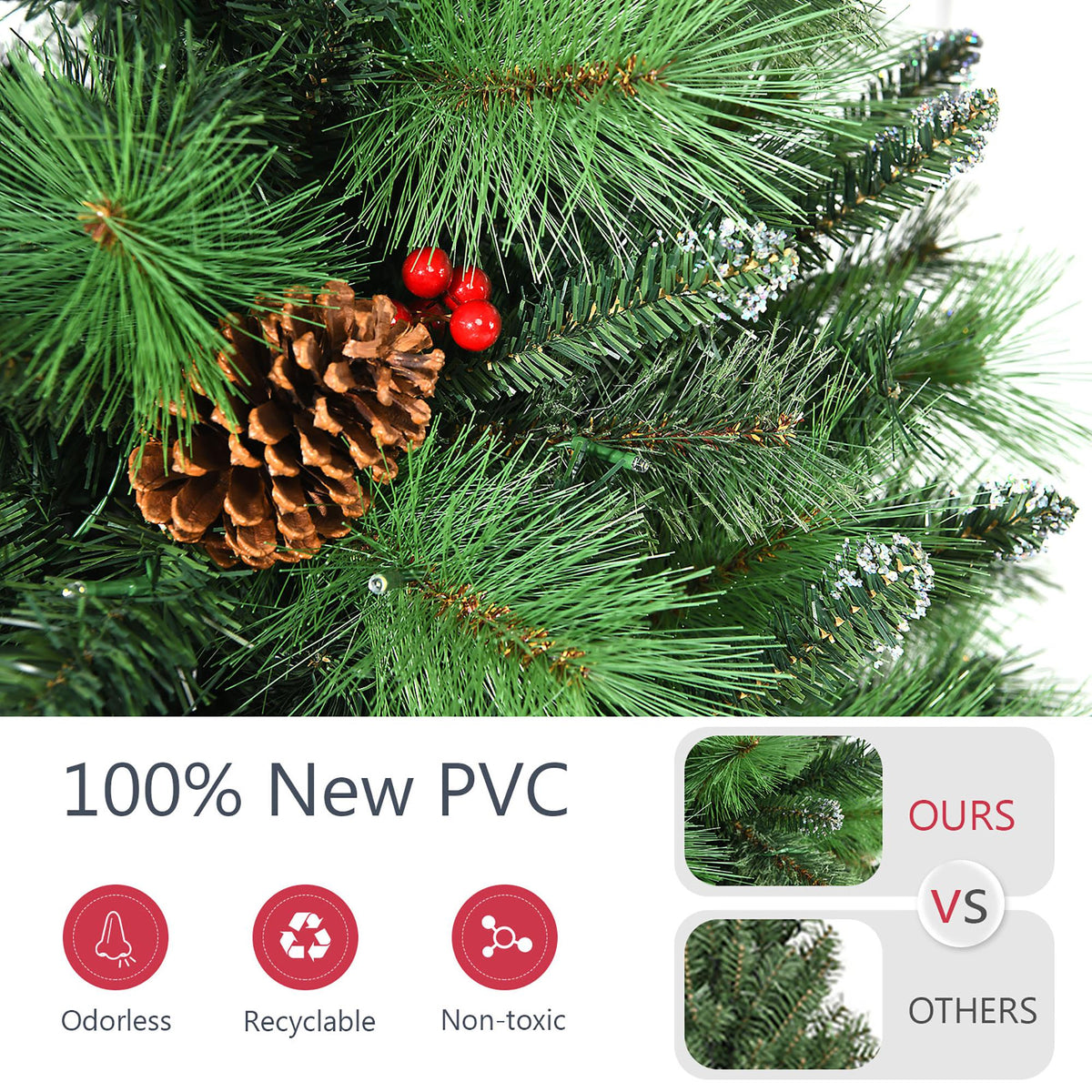 Costway 6ft Pre-lit Hinged Artificial Christmas Tree w/Pine Cones &amp; Red Berries