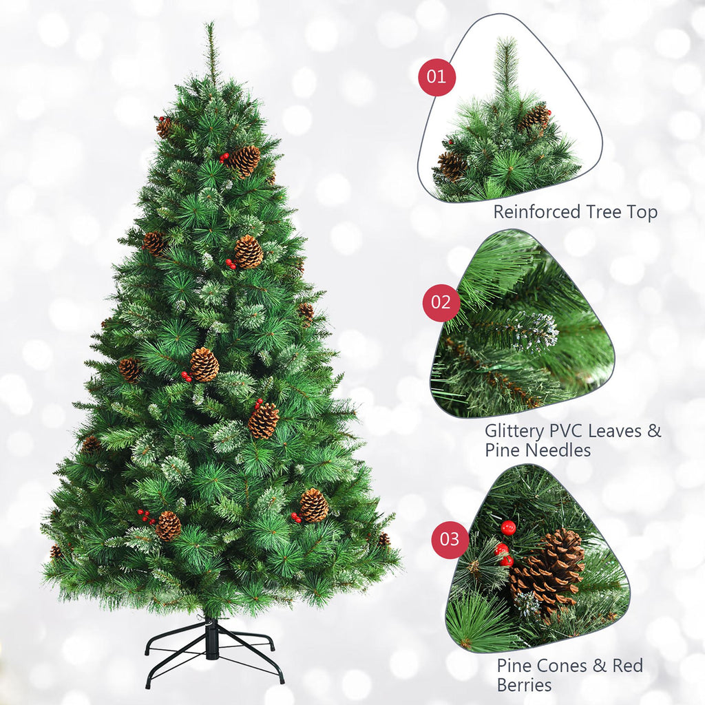Costway 6ft Pre-lit Hinged Artificial Christmas Tree w/Pine Cones &amp; Red Berries