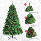 Costway 6ft Pre-lit Hinged Artificial Christmas Tree w/Pine Cones &amp; Red Berries