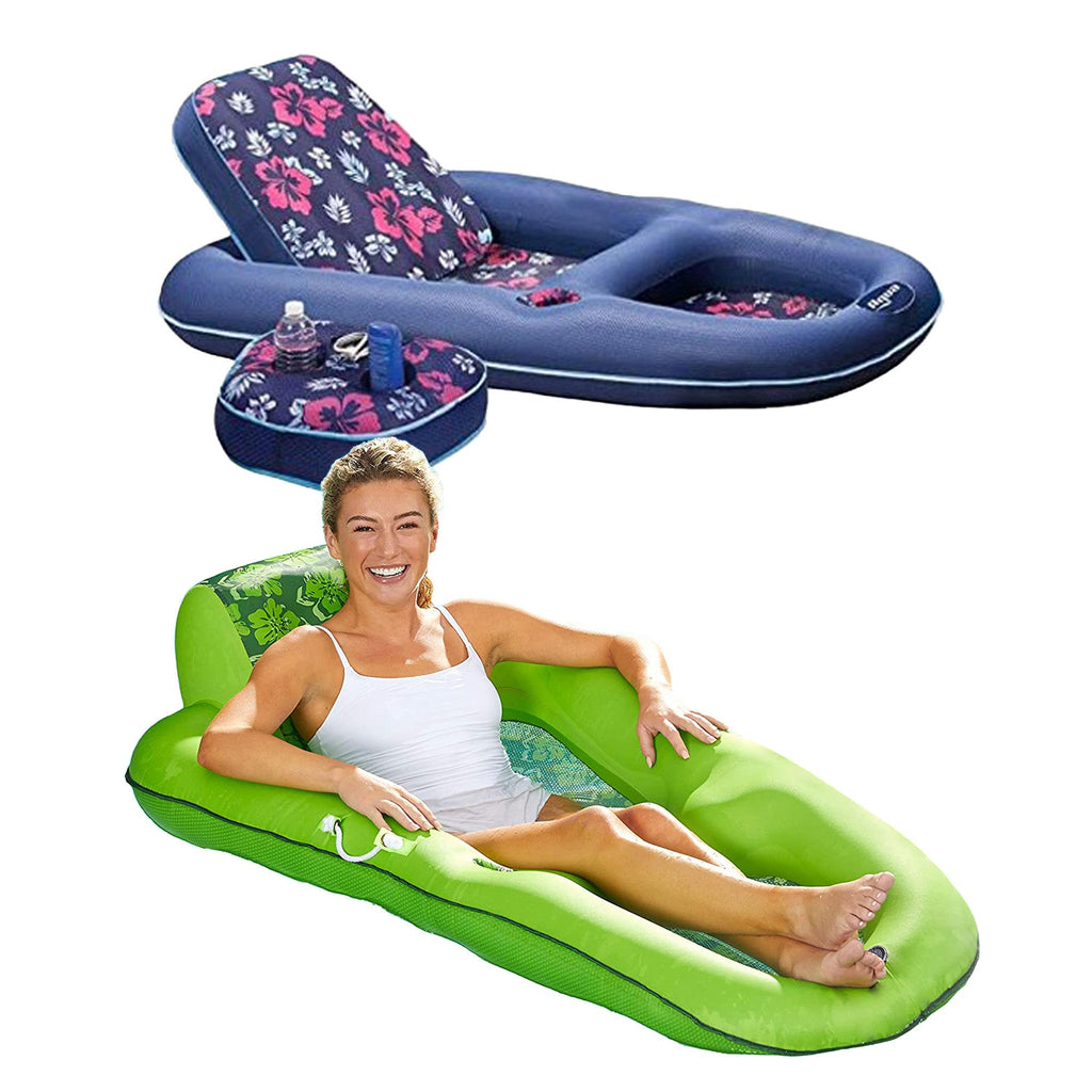 Aqua Leisure 2 in 1 Campania Convertible Pool Float Lounger with Drink Caddy, Navy Hibiscus, &amp; Luxury Water Reclining Lounger w/