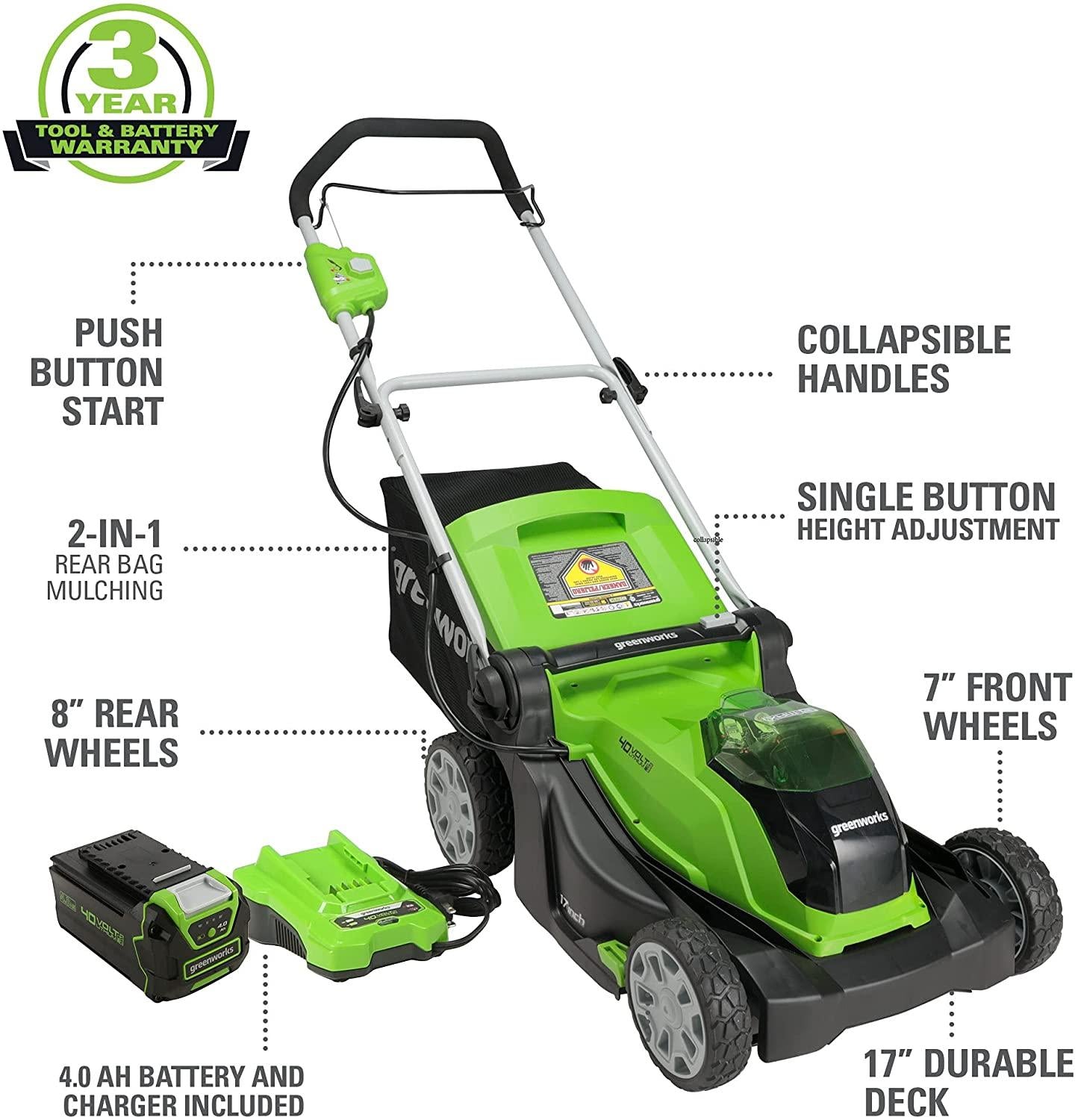 Greenworks 40V 17-Inch Cordless Lawn Mower, 4Ah Battery and Charger, MO40B411