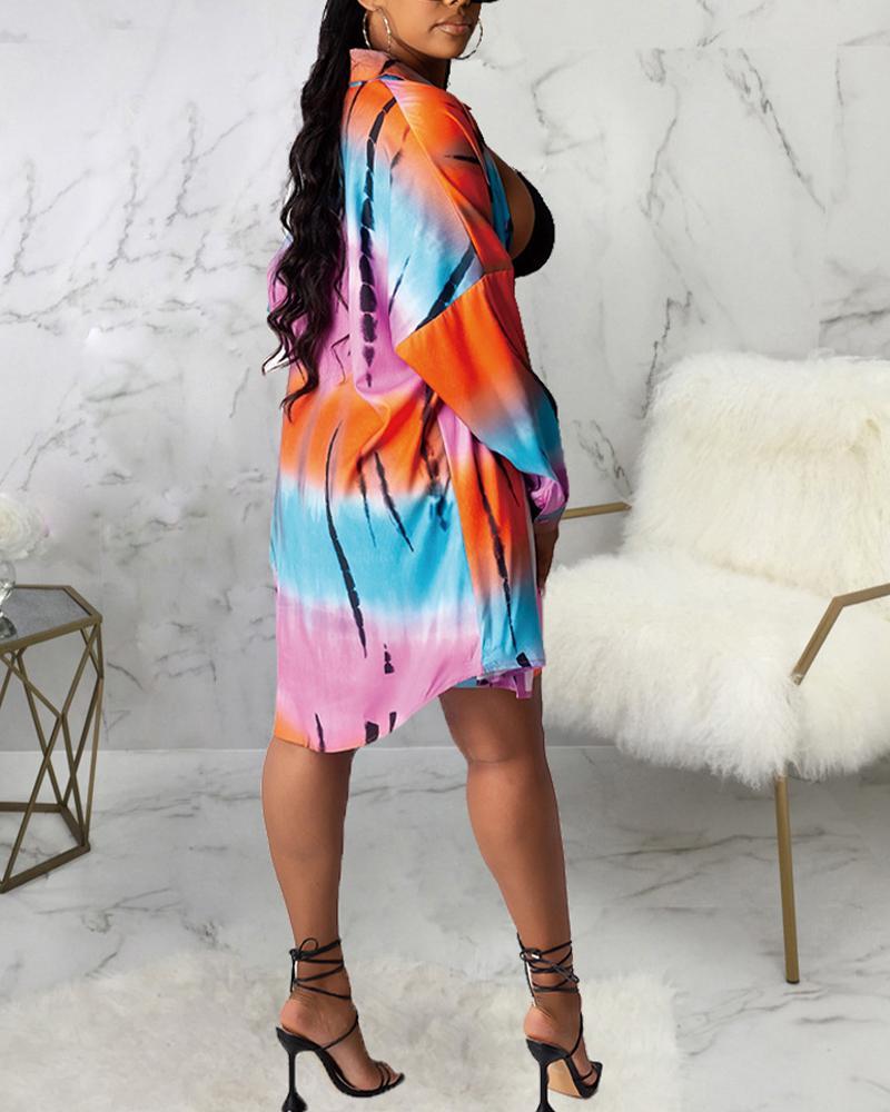 ombre tie dye print long sleeve button up shirt dress