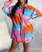 ombre tie dye print long sleeve button up shirt dress