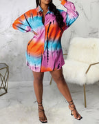 ombre tie dye print long sleeve button up shirt dress
