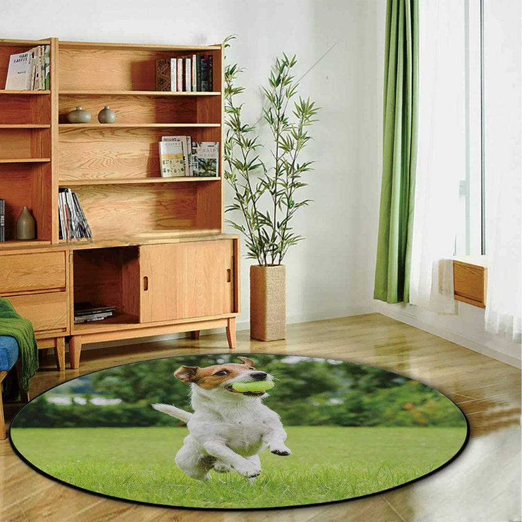 Funny Dog Playing with Tennis Ball Toy on Lawn Pet Mat,064281 for Dogs and Cats,5'Round