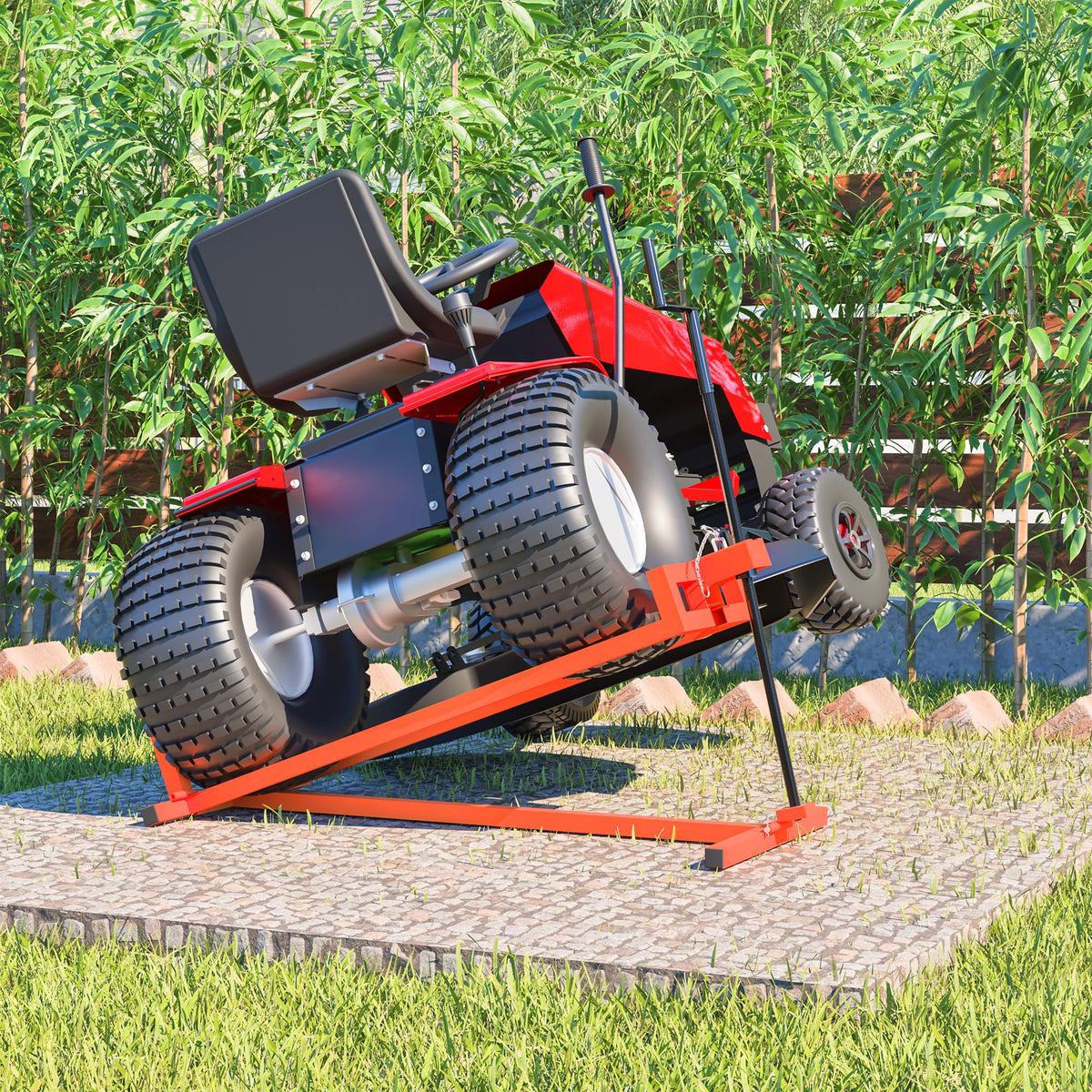 Lawn Mower Lift Jack 880Lbs Riding Mower Lift with Manual Handle and Power Tool Extension Handle Space-Saving Foldable Lawn Tractor Lift for Lawn mowers and Garden Tractors (Orange)