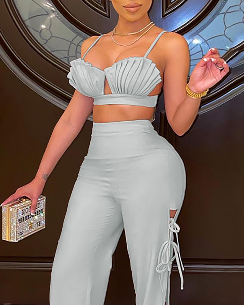 ruched crop top &amp; tied detail slit pants set