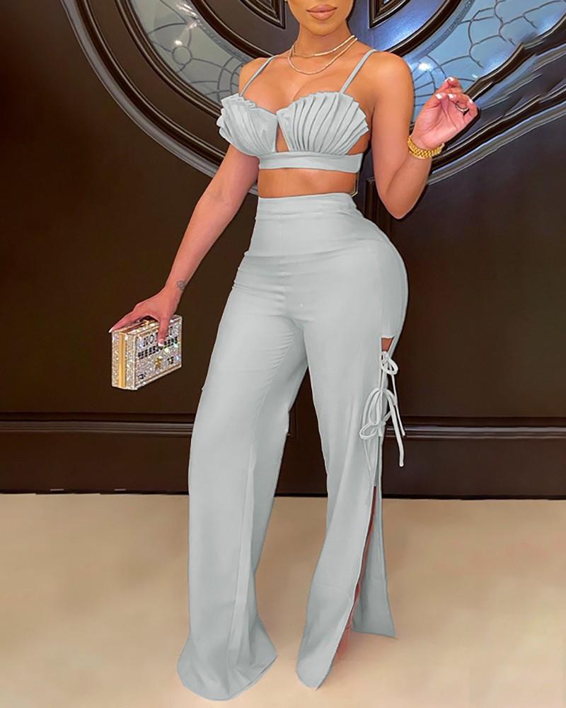 ruched crop top &amp; tied detail slit pants set