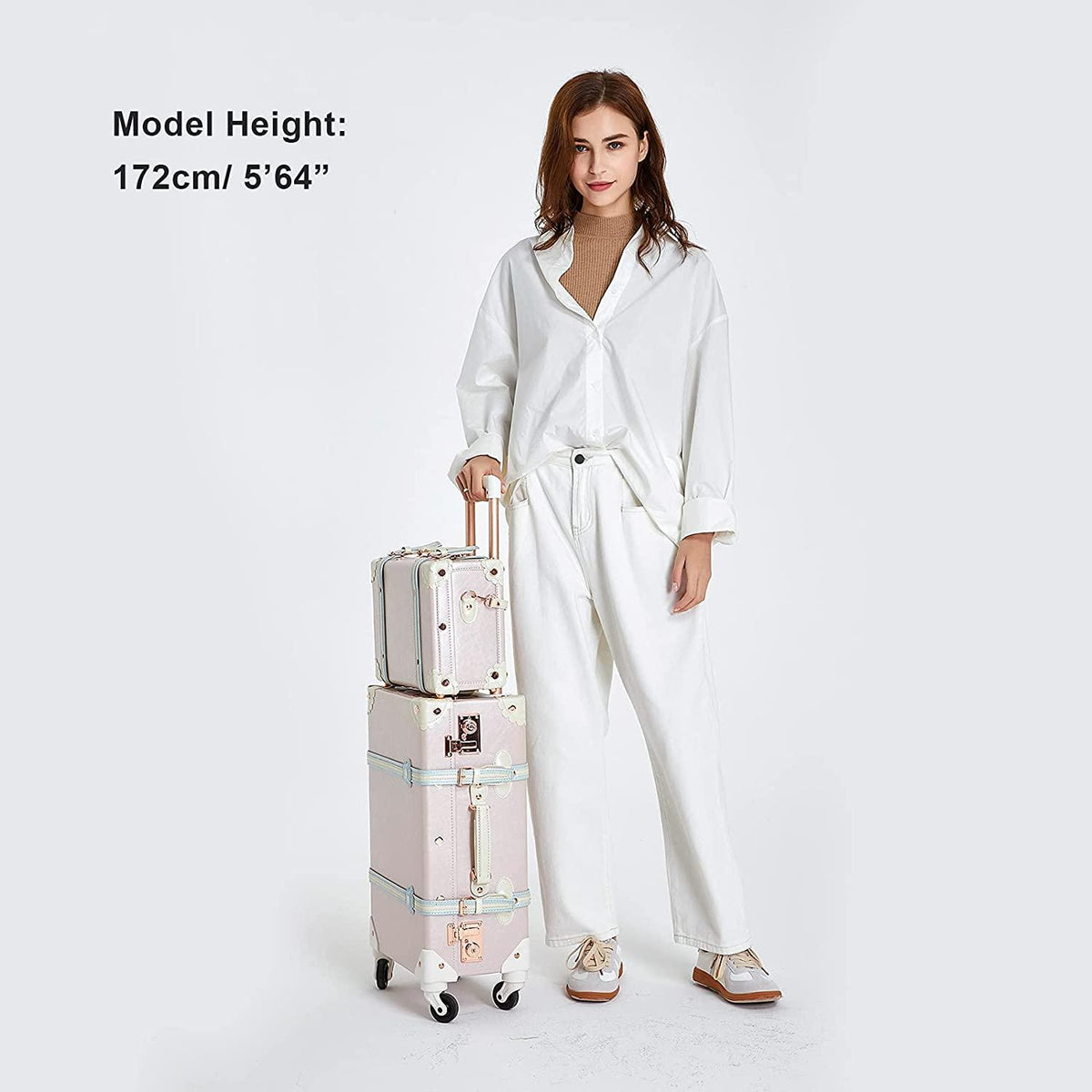 Suitcases Set on Wheels, 20 Inch White Carry-on Luggage 2 Piece Set with 13" Hard Shell Train Case Womens, Cream White