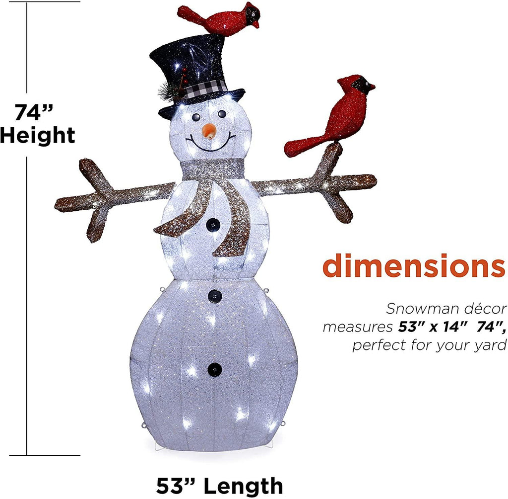 Alpine Corporation CHT892 Mesh Snowman Décor with Red Birds and Cool White LED Lights, 74" Tall