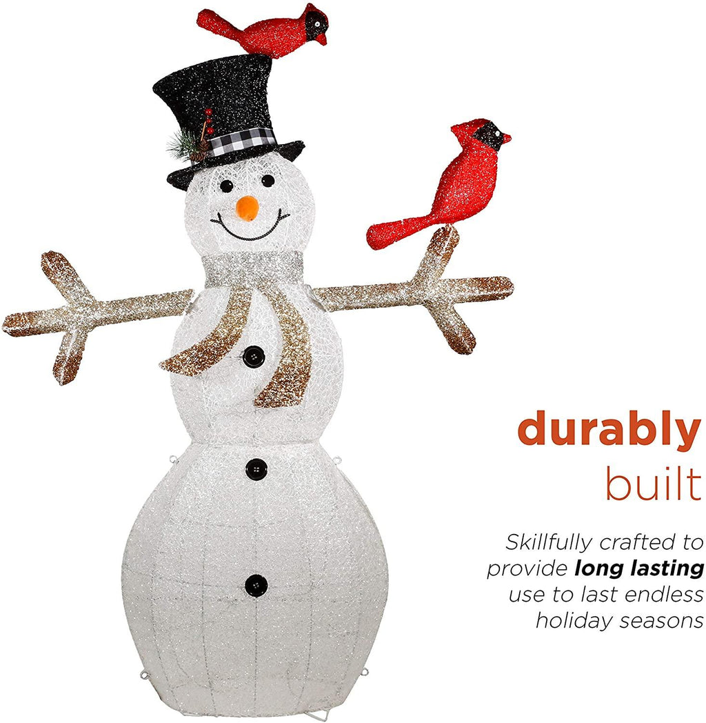 Alpine Corporation CHT892 Mesh Snowman Décor with Red Birds and Cool White LED Lights, 74" Tall