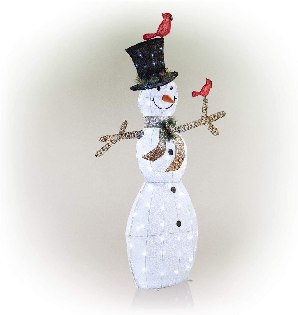 Alpine Corporation CHT892 Mesh Snowman Décor with Red Birds and Cool White LED Lights, 74" Tall