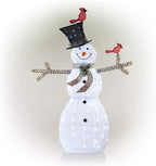 Alpine Corporation CHT892 Mesh Snowman Décor with Red Birds and Cool White LED Lights, 74" Tall