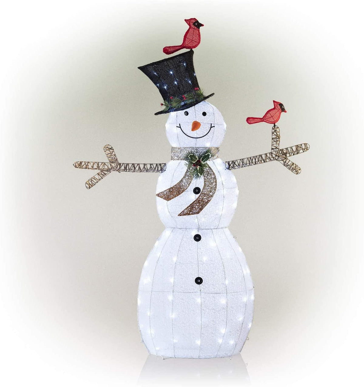Alpine Corporation CHT892 Mesh Snowman Décor with Red Birds and Cool White LED Lights, 74" Tall