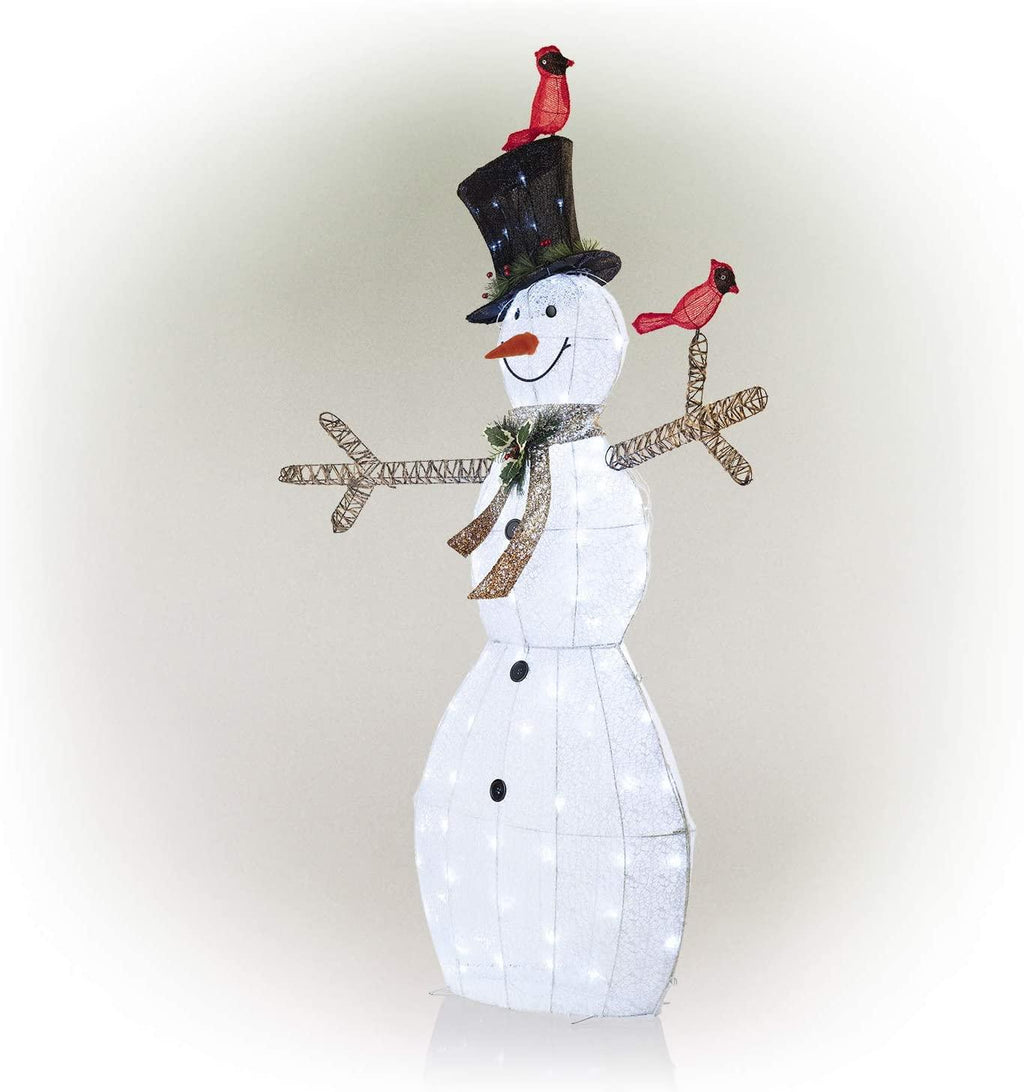 Alpine Corporation CHT892 Mesh Snowman Décor with Red Birds and Cool White LED Lights, 74" Tall