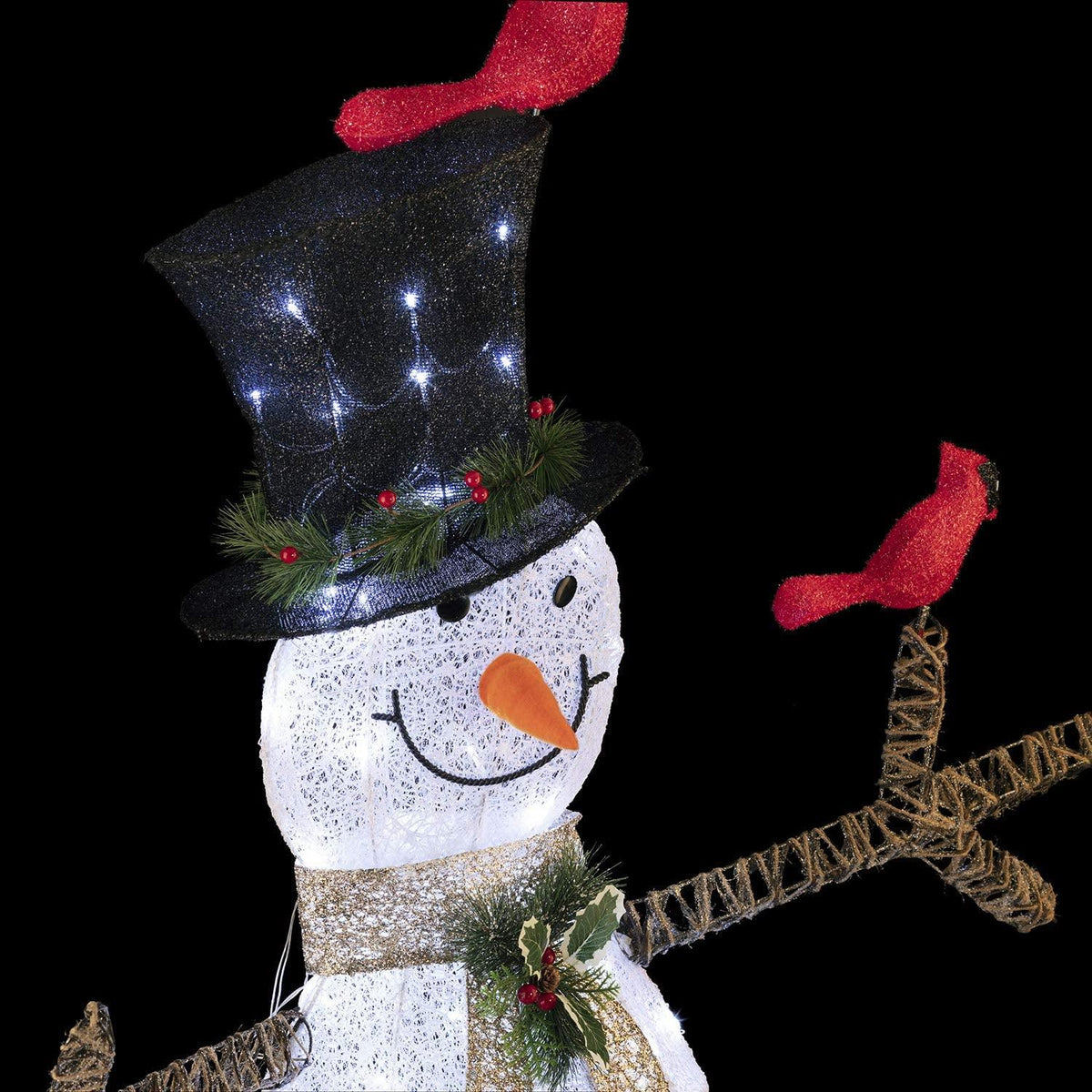 Alpine Corporation CHT892 Mesh Snowman Décor with Red Birds and Cool White LED Lights, 74" Tall