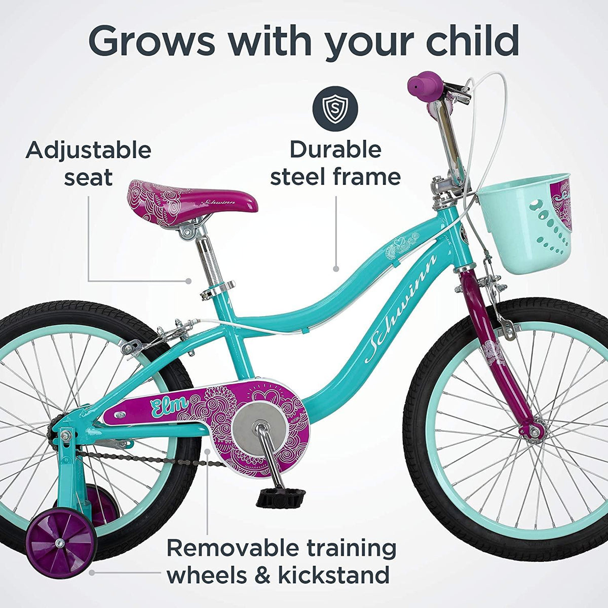 Schwinn Elm Girls Bike for Toddlers and Kids, 12, 14, 16, 18, 20 inch wheels for Ages 2 Years and Up, Pink, Purple or Teal,  or Training Wheels, Adjustable Seat
