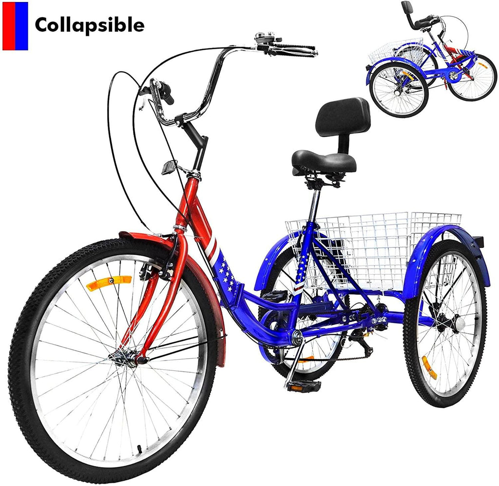 Folding Tricycle for Adult, Foldable Cruiser Bicycle for Women, 24-Inch 3 Wheel Bike with Rear Cargo Basket &amp; Installation Tools, Adult Tricycle 1/7 Speed 3-Wheel Front and Rear Fenders