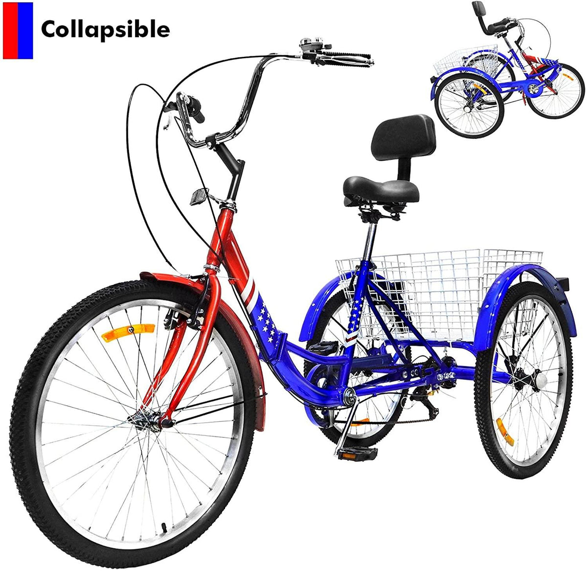 Folding Tricycle for Adult, Foldable Cruiser Bicycle for Women, 24-Inch 3 Wheel Bike with Rear Cargo Basket &amp; Installation Tools, Adult Tricycle 1/7 Speed 3-Wheel Front and Rear Fenders
