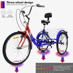 Folding Tricycle for Adult, Foldable Cruiser Bicycle for Women, 24-Inch 3 Wheel Bike with Rear Cargo Basket &amp; Installation Tools, Adult Tricycle 1/7 Speed 3-Wheel Front and Rear Fenders