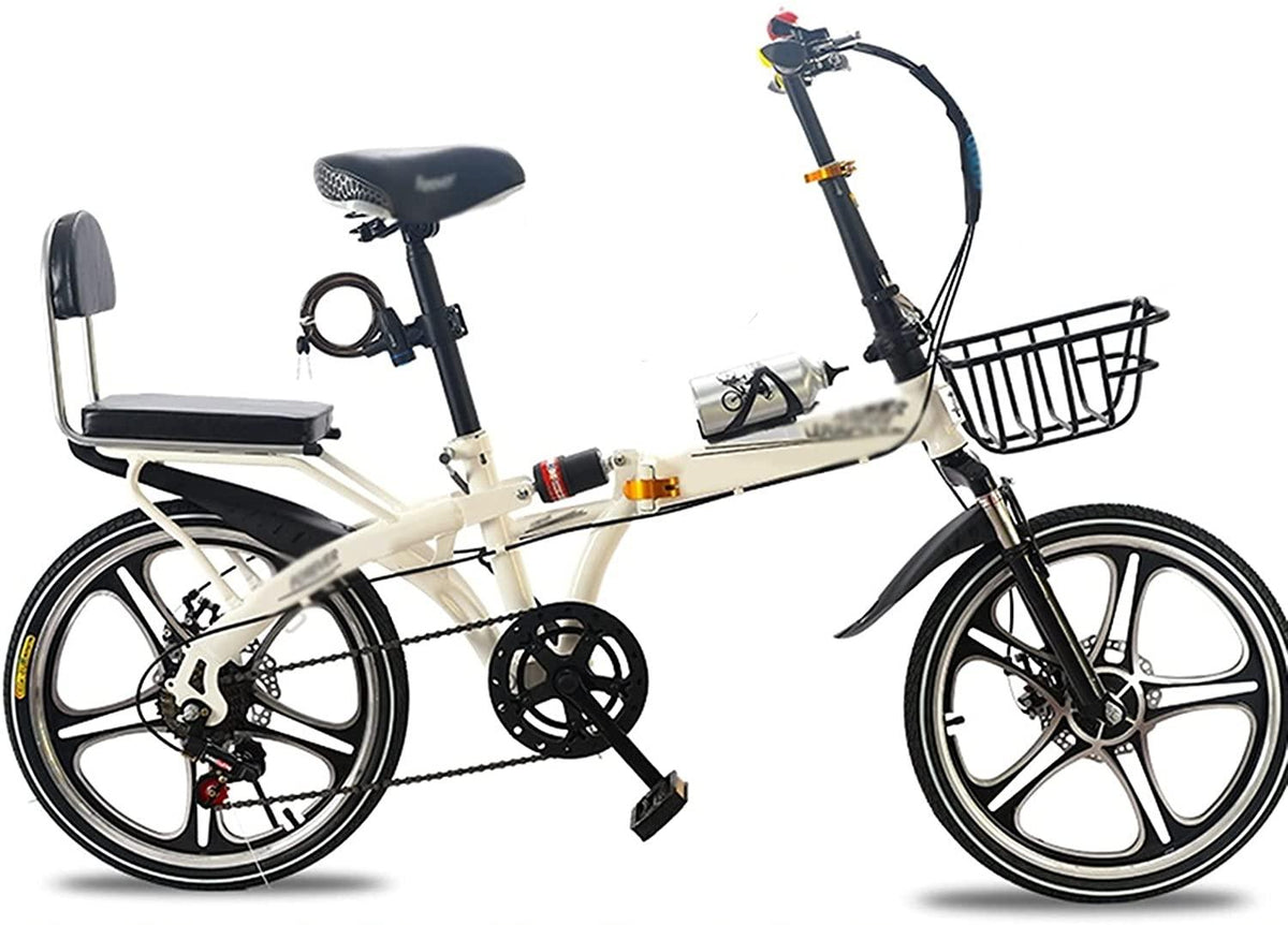 CHICAI Bike 7 Speed Folding Mini Compact High-Carbon Steel Bicycle, Disc Brake, 16in/20in Wheels, Back Rack (Color : White, Size : 20in)