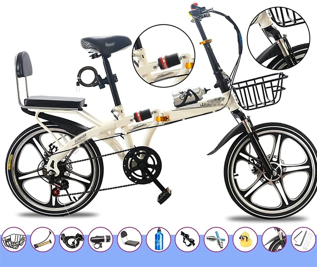 CHICAI Bike 7 Speed Folding Mini Compact High-Carbon Steel Bicycle, Disc Brake, 16in/20in Wheels, Back Rack (Color : White, Size : 20in)