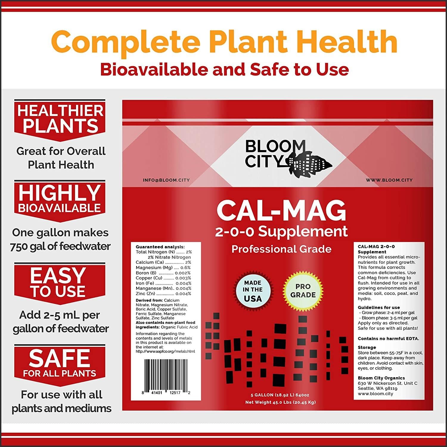 bloom city professional grade ultra pure cal-mag growing fertilizer, 5 gallon (640 oz)