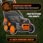 20V Max Cordless 15-Inch 2-in-1 Brushless Electric Dethatcher and Scarifier with Collection Bag, Two 4.0 Ah Batteries, and Dual-Port Charger (20716)