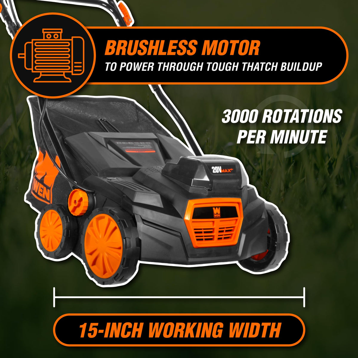 20V Max Cordless 15-Inch 2-in-1 Brushless Electric Dethatcher and Scarifier with Collection Bag, Two 4.0 Ah Batteries, and Dual-Port Charger (20716)