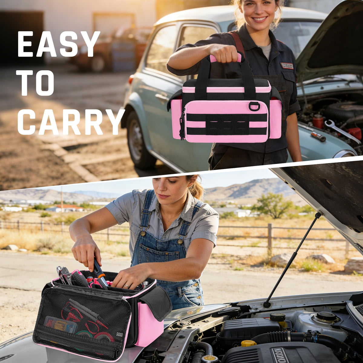 Pink Tool Bag for Women, Tool StoraOrganizer with Anti-friction and Thick Padded Bottom, Tactical RanBag, Multi-functional Work Bag for Repairman, Electrician, Carpenters, Pink