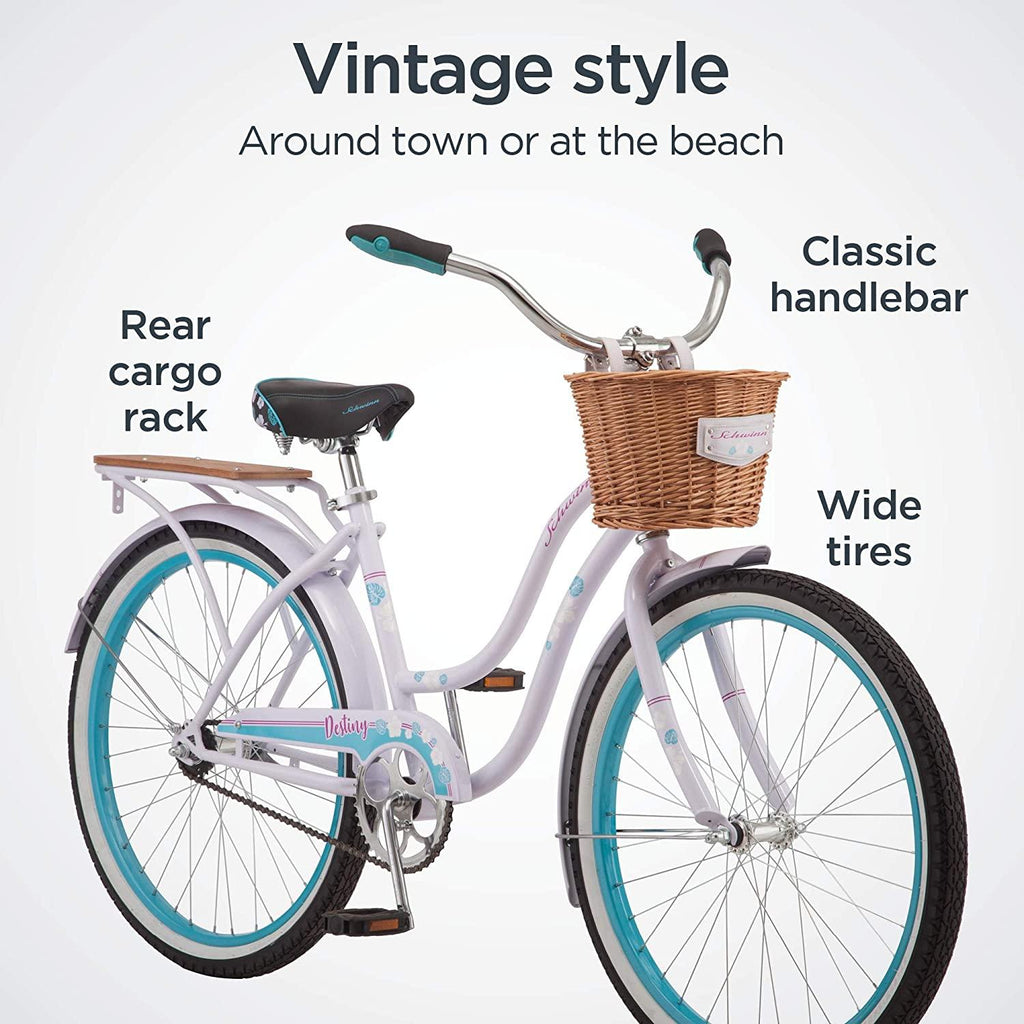 Schwinn Destiny Girls/Womens Classic Beach Cruiser Bike, Single Speed, Steel Frame, Multiple Colors
