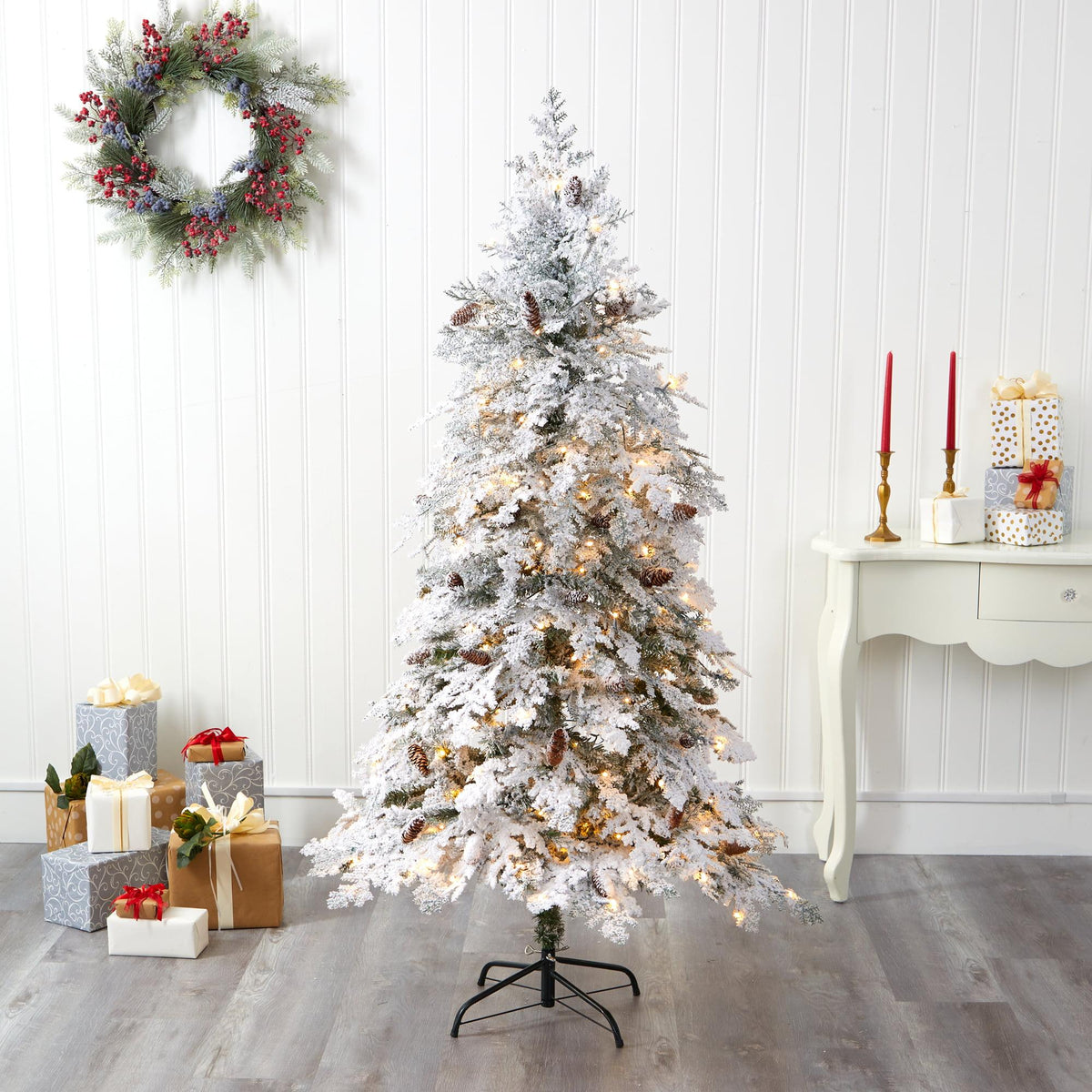 Nearly Natural 6' Green Spruce Flocked Artificial Christmas Tree Prelit 250 Clear LED Lights