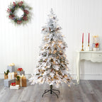 Nearly Natural 6' Green Spruce Flocked Artificial Christmas Tree Prelit 250 Clear LED Lights
